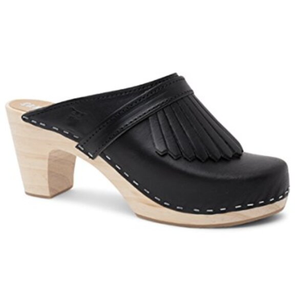 SANDGRENS Venice Fringed Wooden Clog Mules in Black Leather - Size US 9-9.5 - Picture 1 of 15